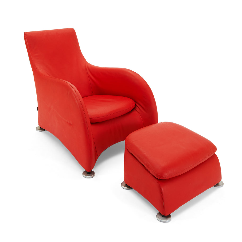Red Leather Swoop Lounge Chair and Ottoman
