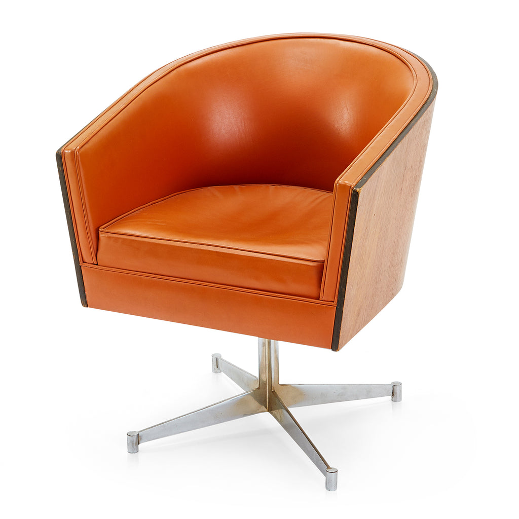 Orange Vinyl + Wood Back Swivel Barrel Chair