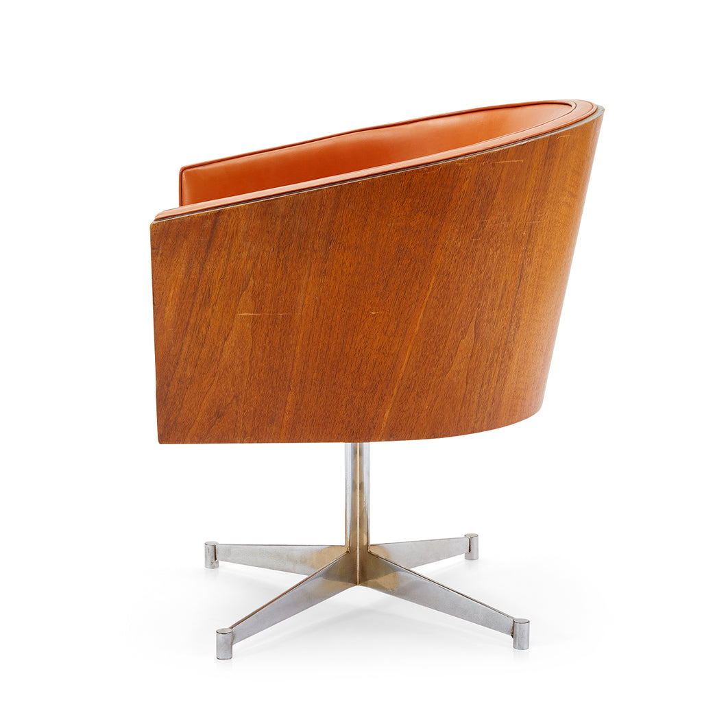 Orange Vinyl + Wood Back Swivel Barrel Chair