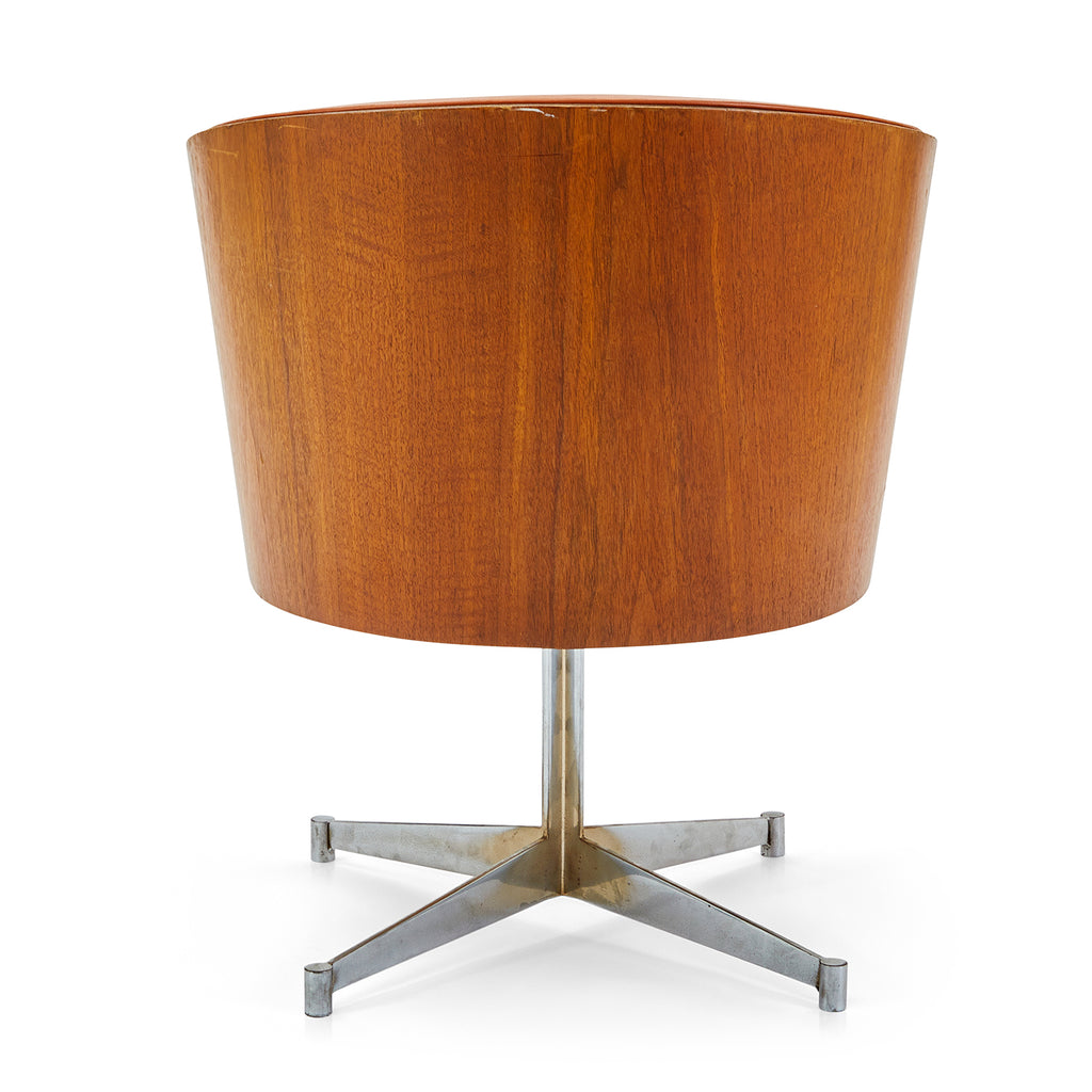 Orange Vinyl + Wood Back Swivel Barrel Chair