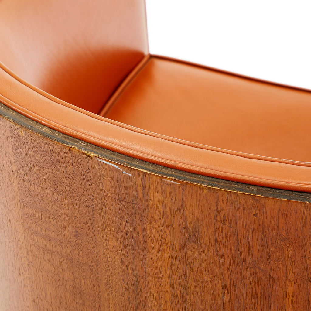 Orange Vinyl + Wood Back Swivel Barrel Chair
