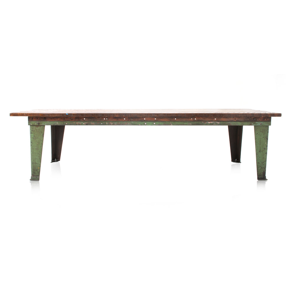 Wood & Green Metal Huge Rustic Schoolhouse Table