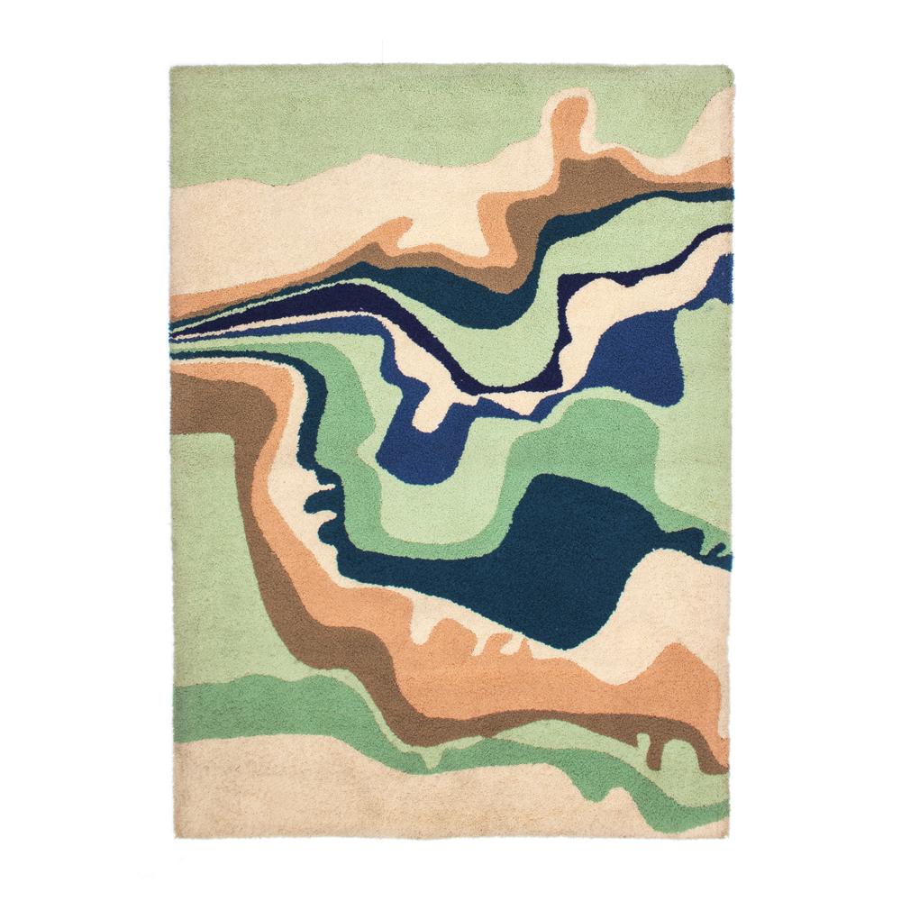 Small Green Tan Blue Abstract Waves Rug