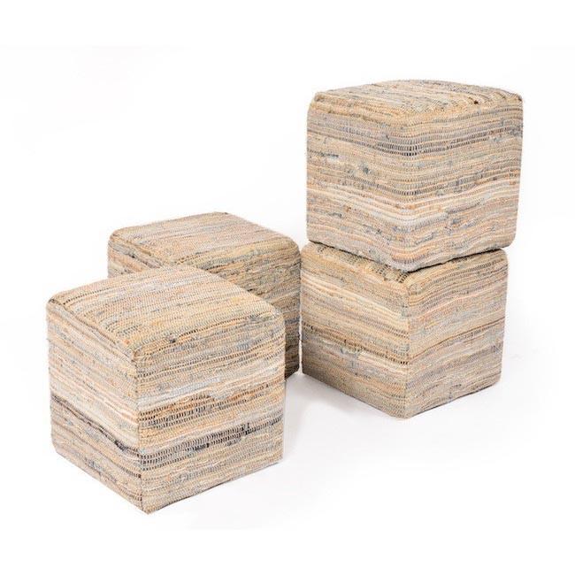 Tan Blue Denim Stripe Fabric Square Ottoman