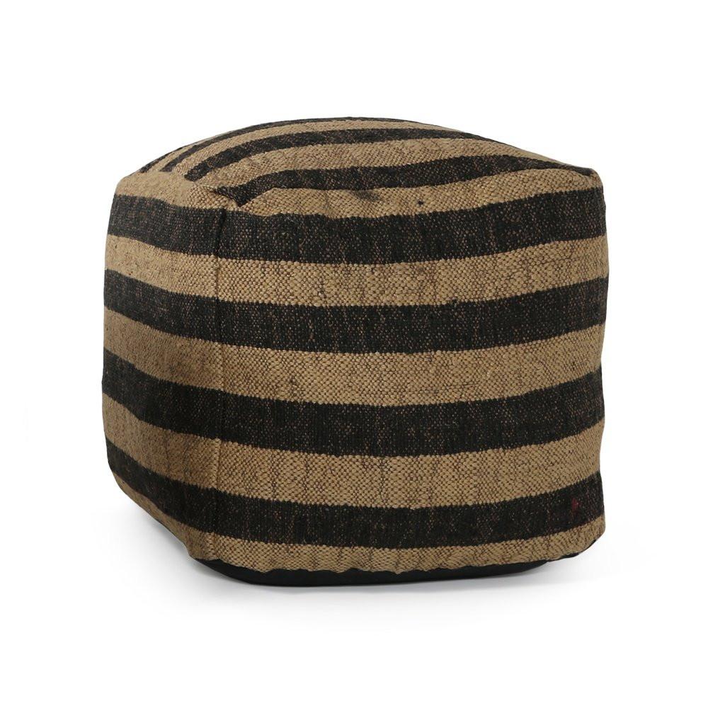 Black + Tan Striped Burlap Pouf
