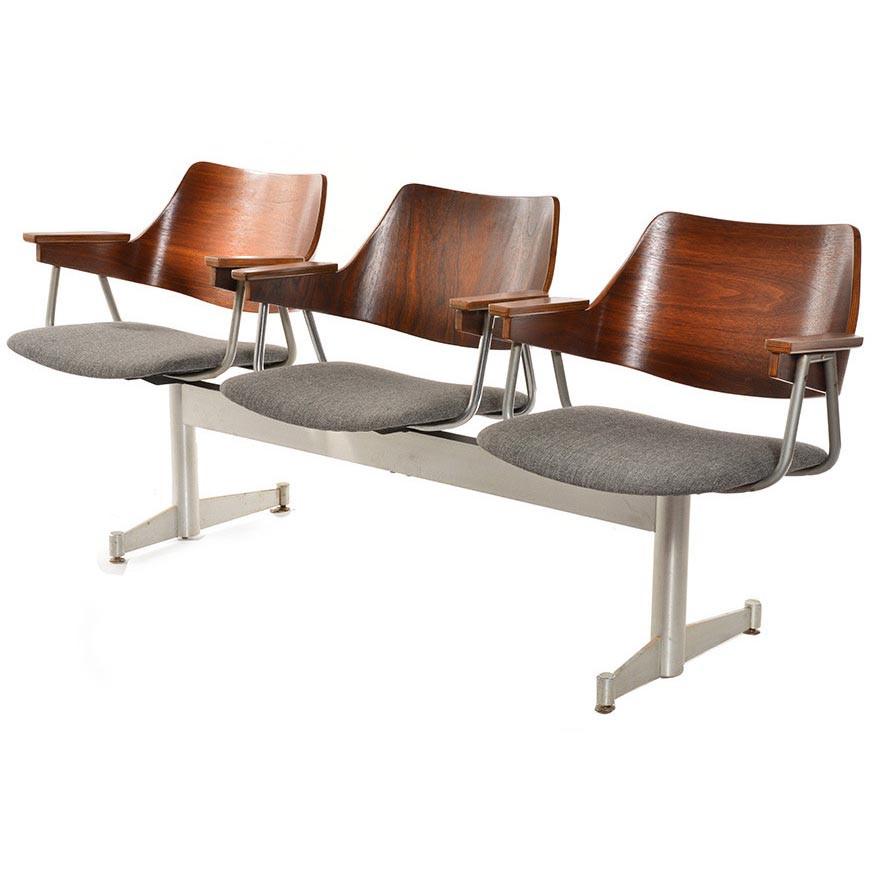 Mid Century Wood Back + Red Seat Tandem 3 Seat Bench