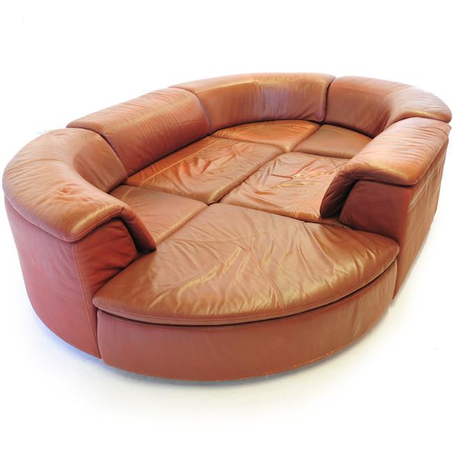 Camel Brown Leather Sectional Pit Sofa