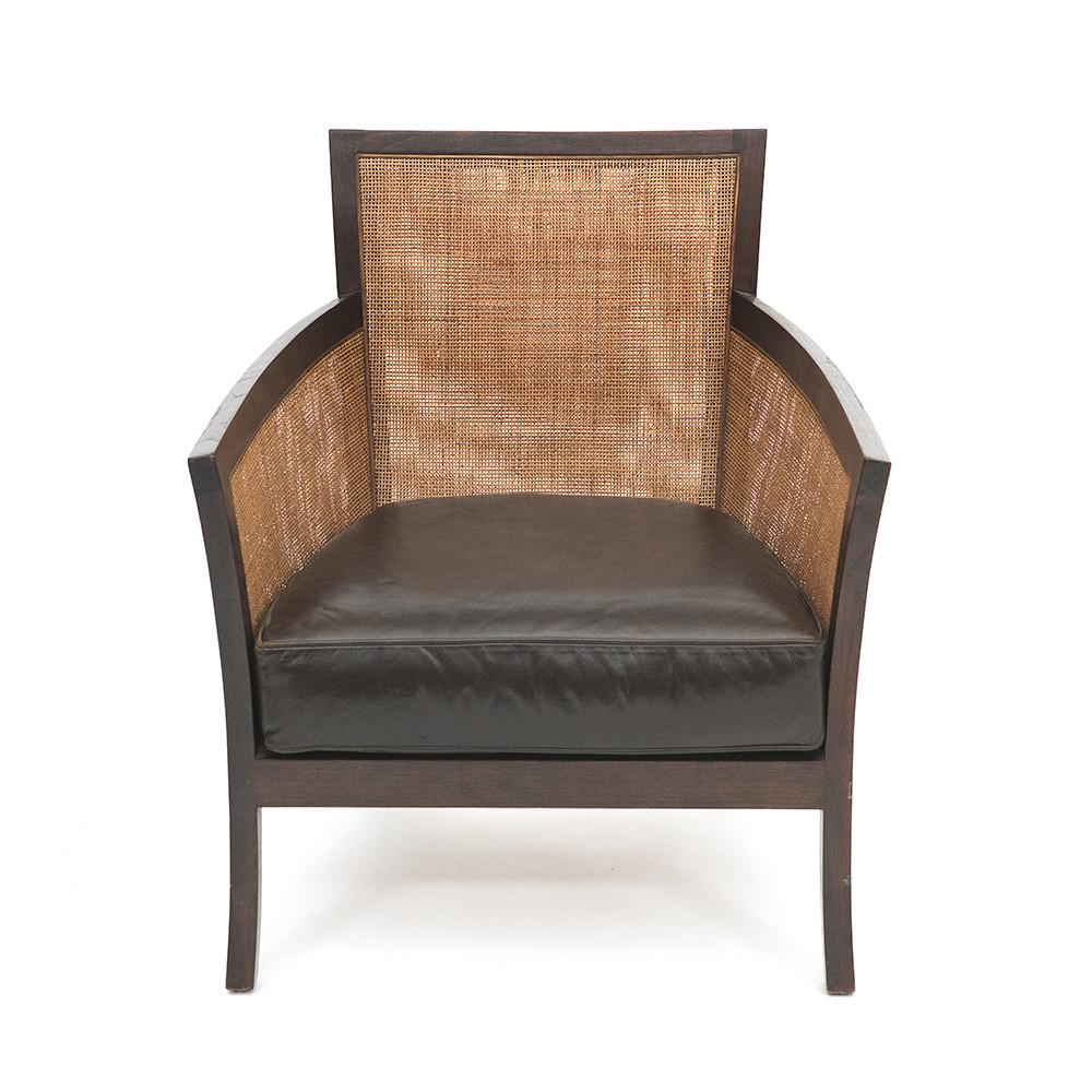 Cane & Brown Leather Wood Arm Chair