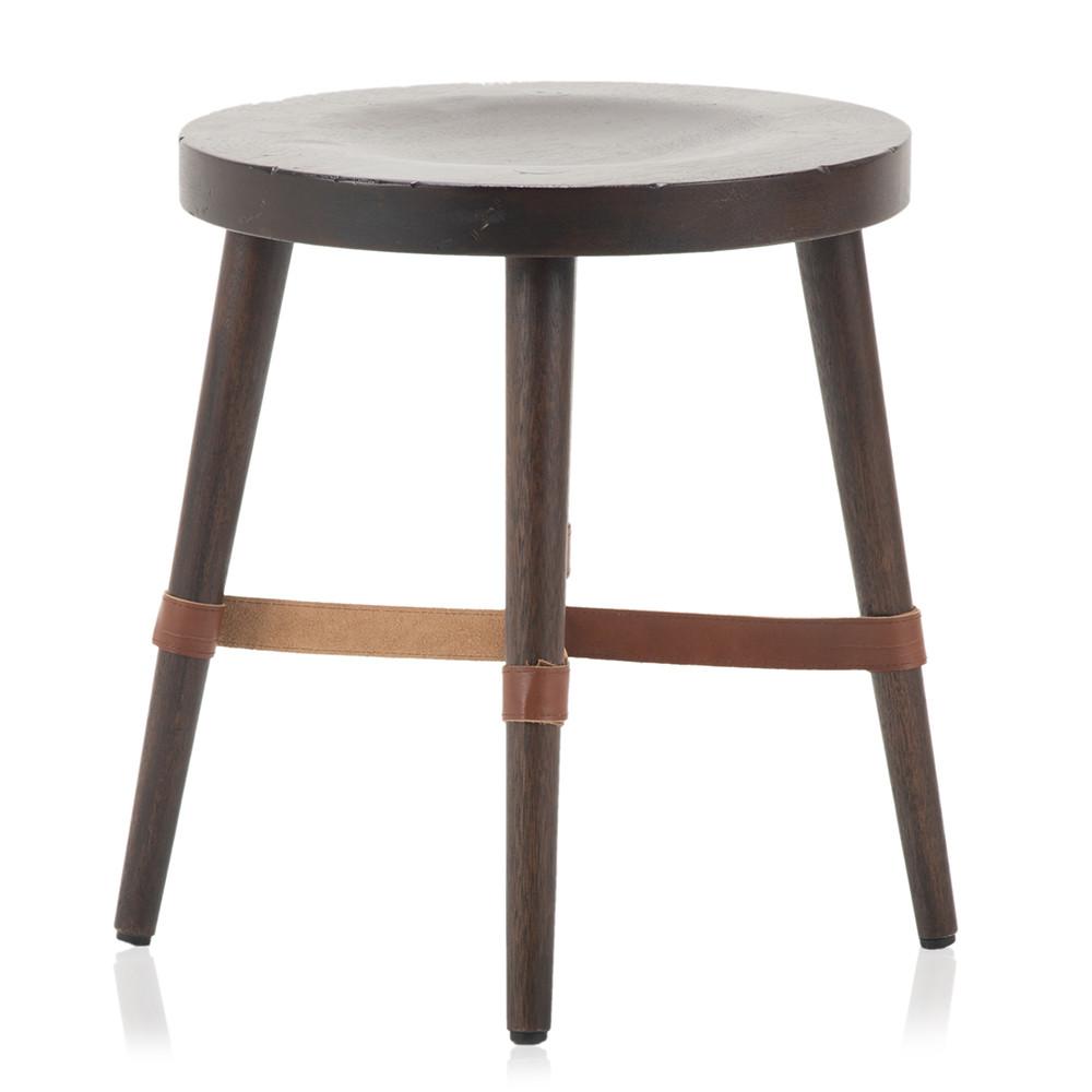 Short Dark Wood Stool w Leather Detail