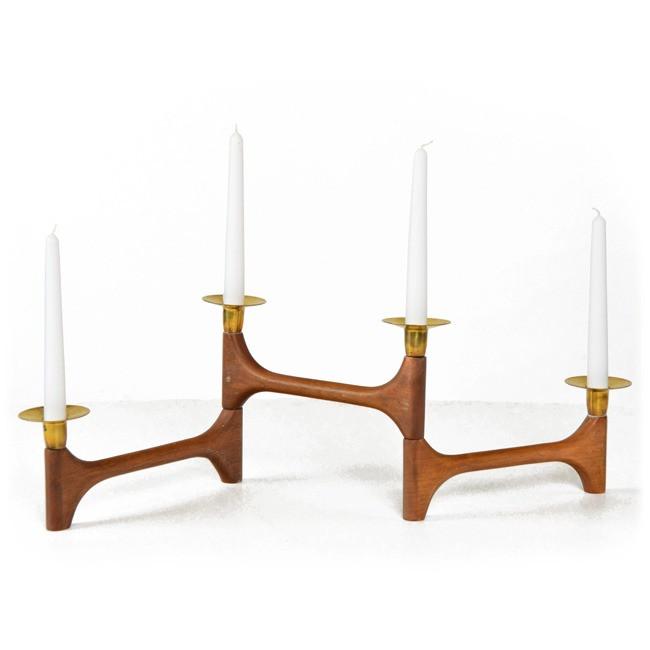 Wood Mid Century Teak Four Candle Holder