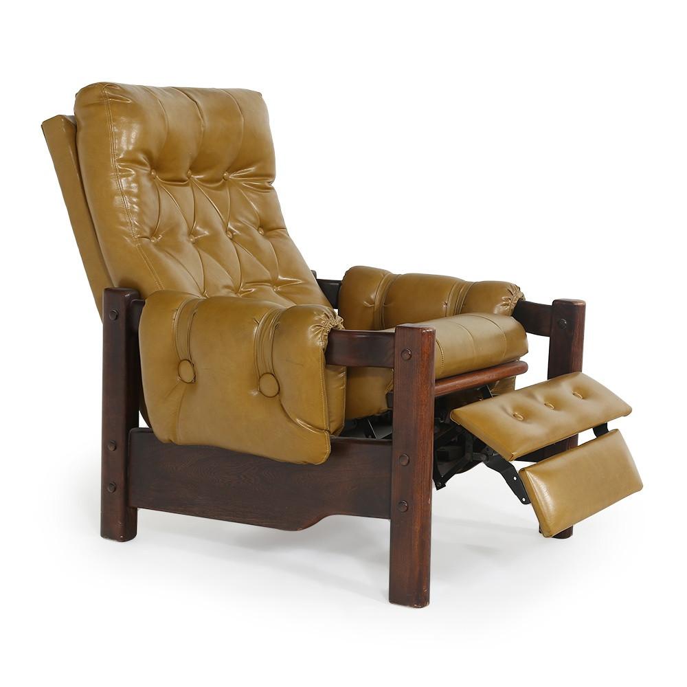 Tan Leather and Dark Wood Recliner