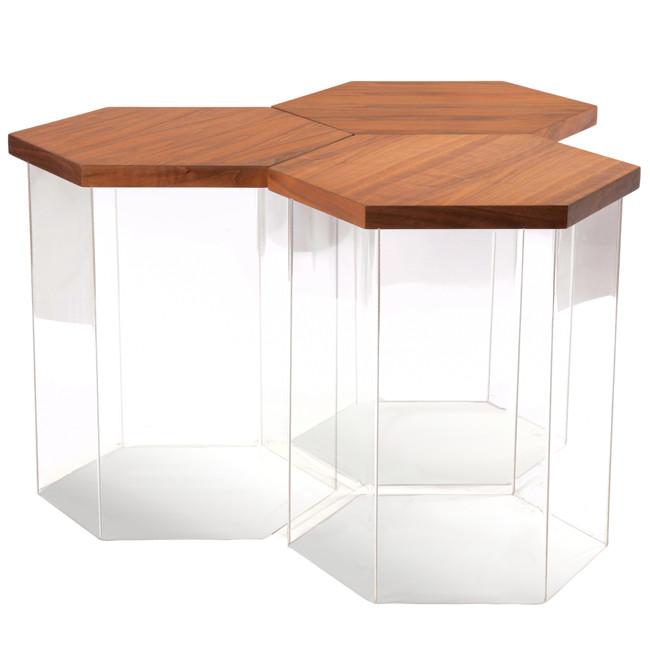 Wood Hexagon Top Lucite Base Side Table