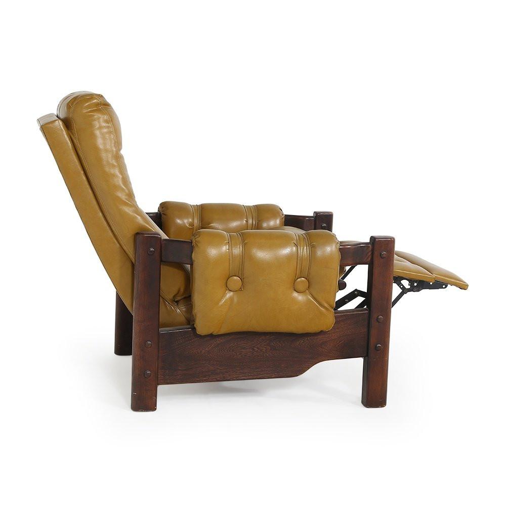 Tan Leather and Dark Wood Recliner