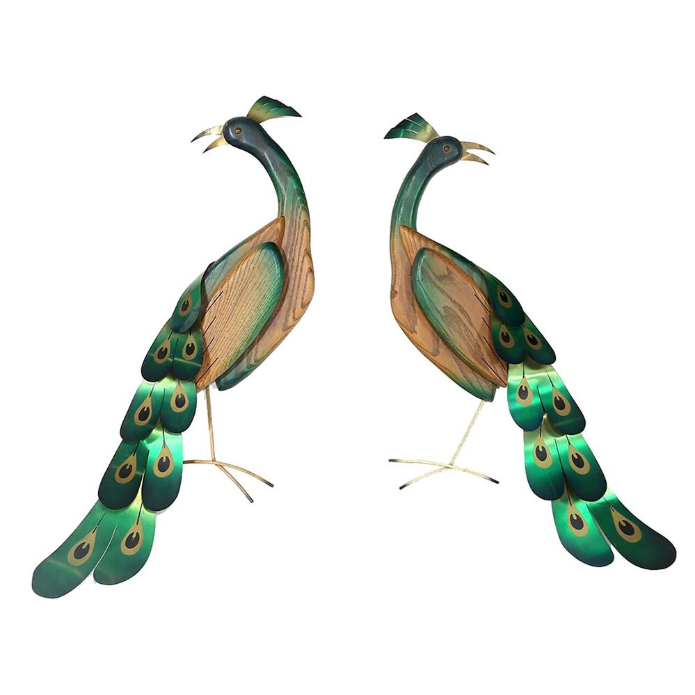 Pair of Peacocks Wall Art - Green Metal and Wood
