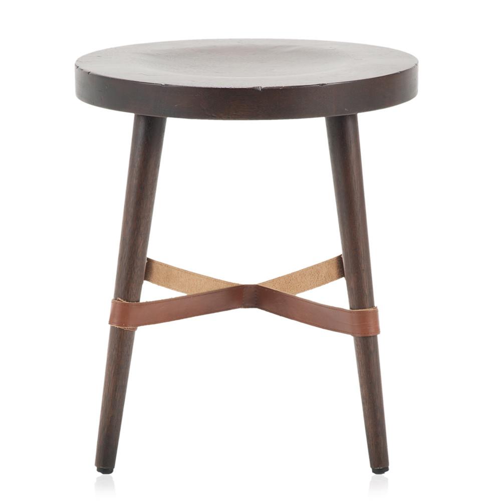Short Dark Wood Stool w Leather Detail