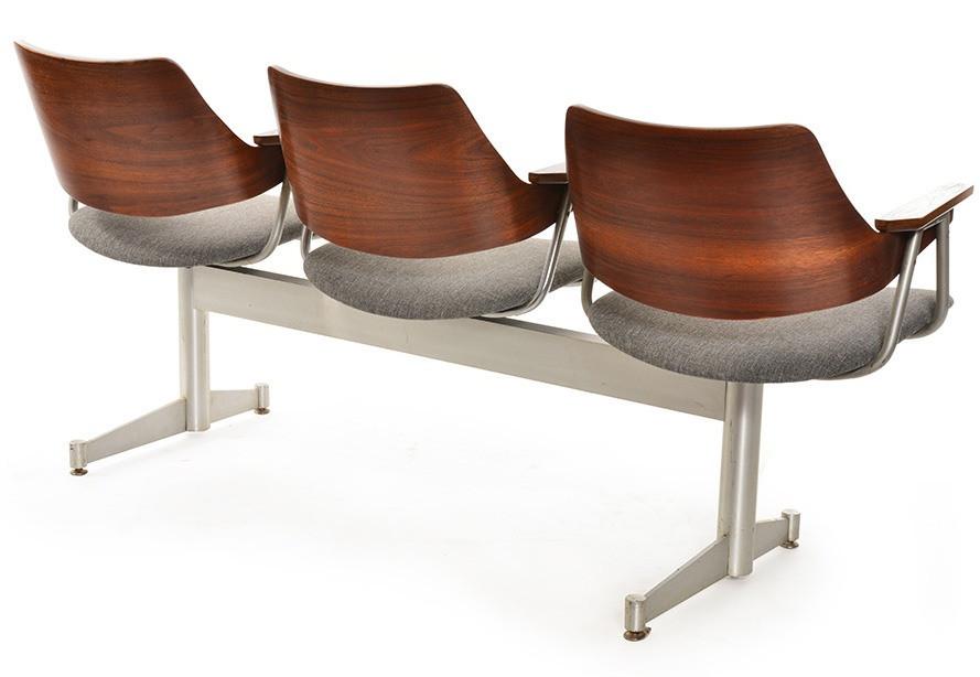 Mid Century Wood Back + Red Seat Tandem 3 Seat Bench