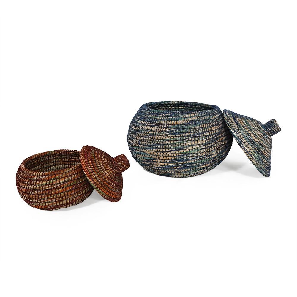 Blue Green Large Woven Basket w/ Lid (A+D)
