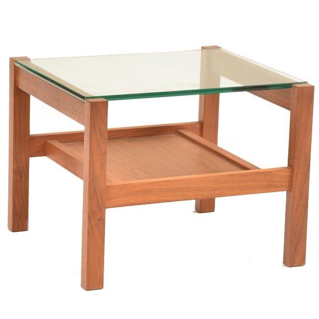 Walnut Rail Glass Top Side Table