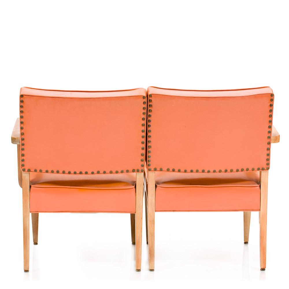 Orange Vinyl and Wood Loveseat