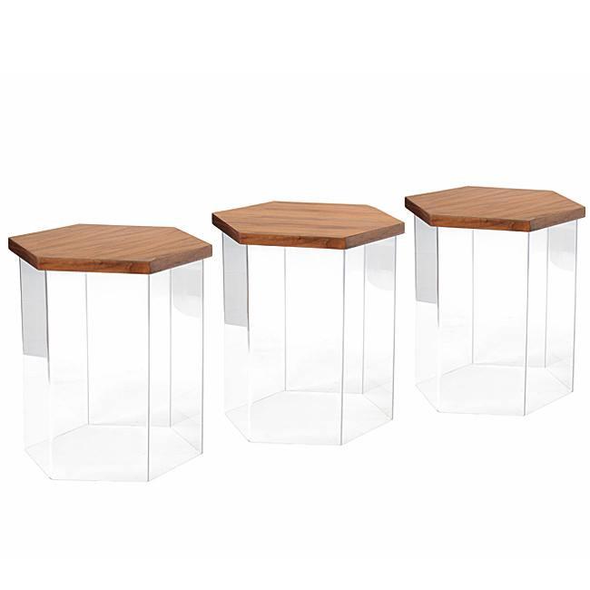 Wood Hexagon Top Lucite Base Side Table