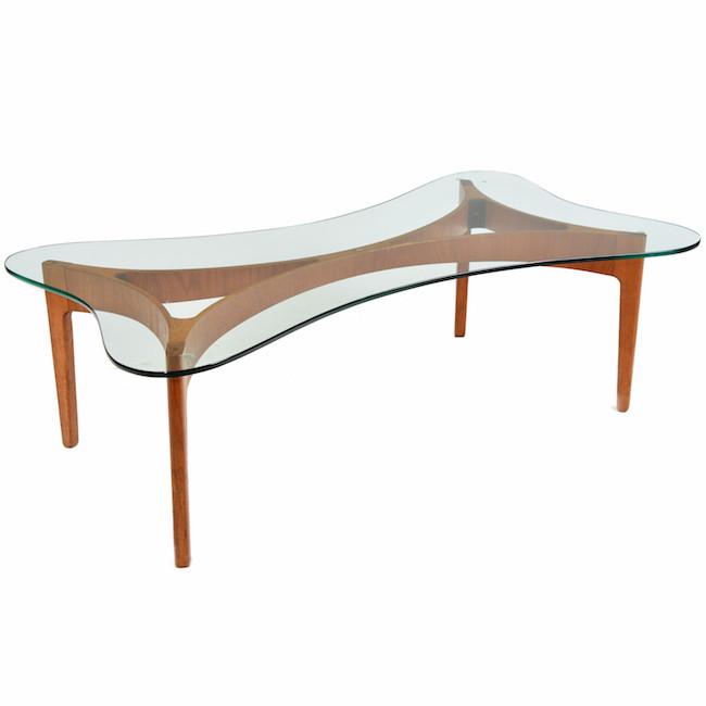 Wood Bone Shape Coffee Table w Glass Top