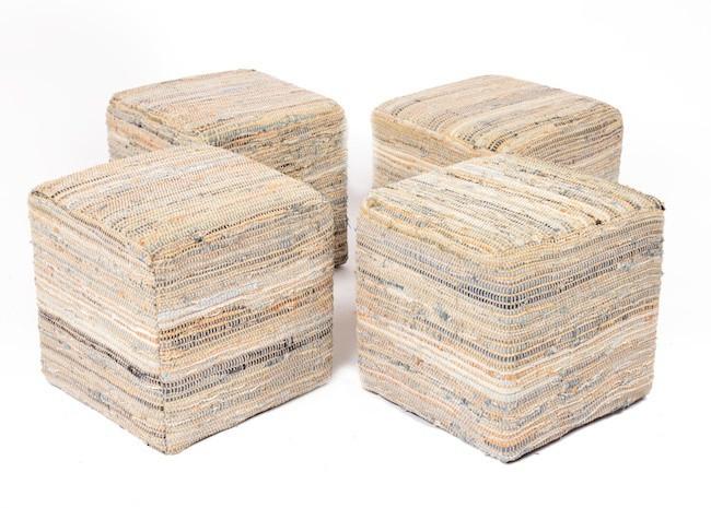 Tan Blue Denim Stripe Fabric Square Ottoman