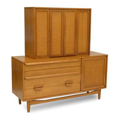 Tall Natural Wood Danish 2-Piece Credenza Cabinet